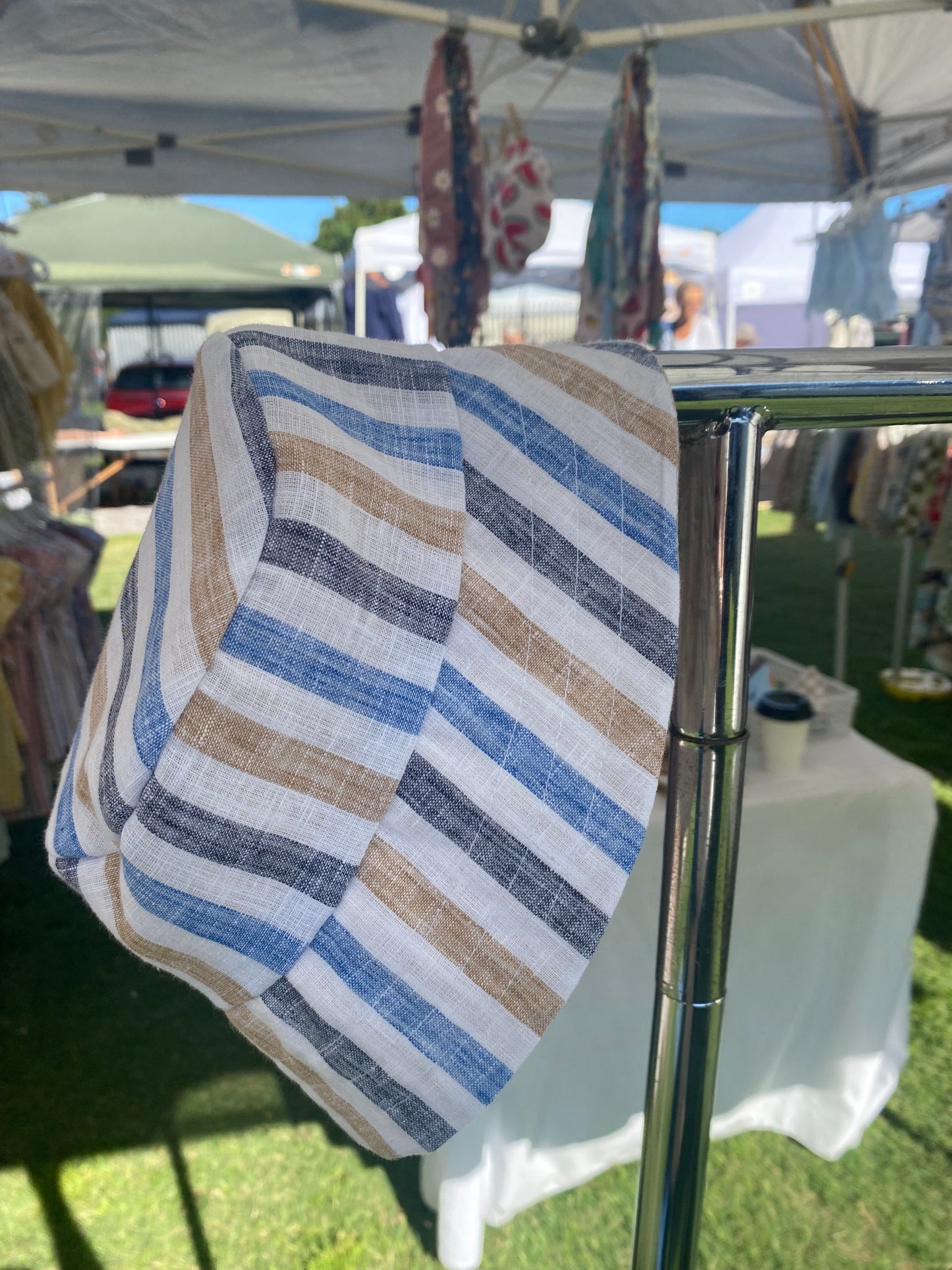 Romper white, camel and blue stripe