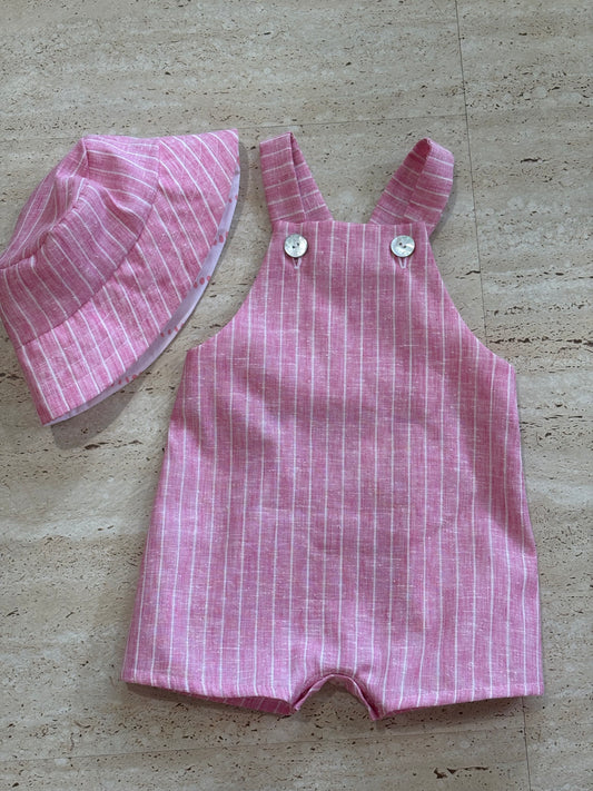 Short romper pink stripe and bucket hat
