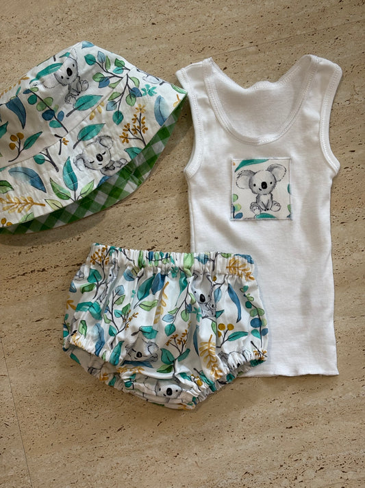 Singlet nappy pants and bucket hat white koala