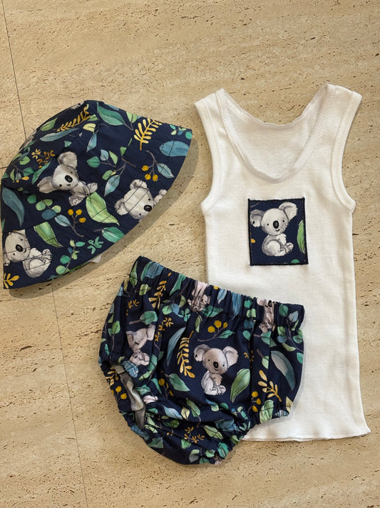 Singlet nappy pants and bucket hat navy koala